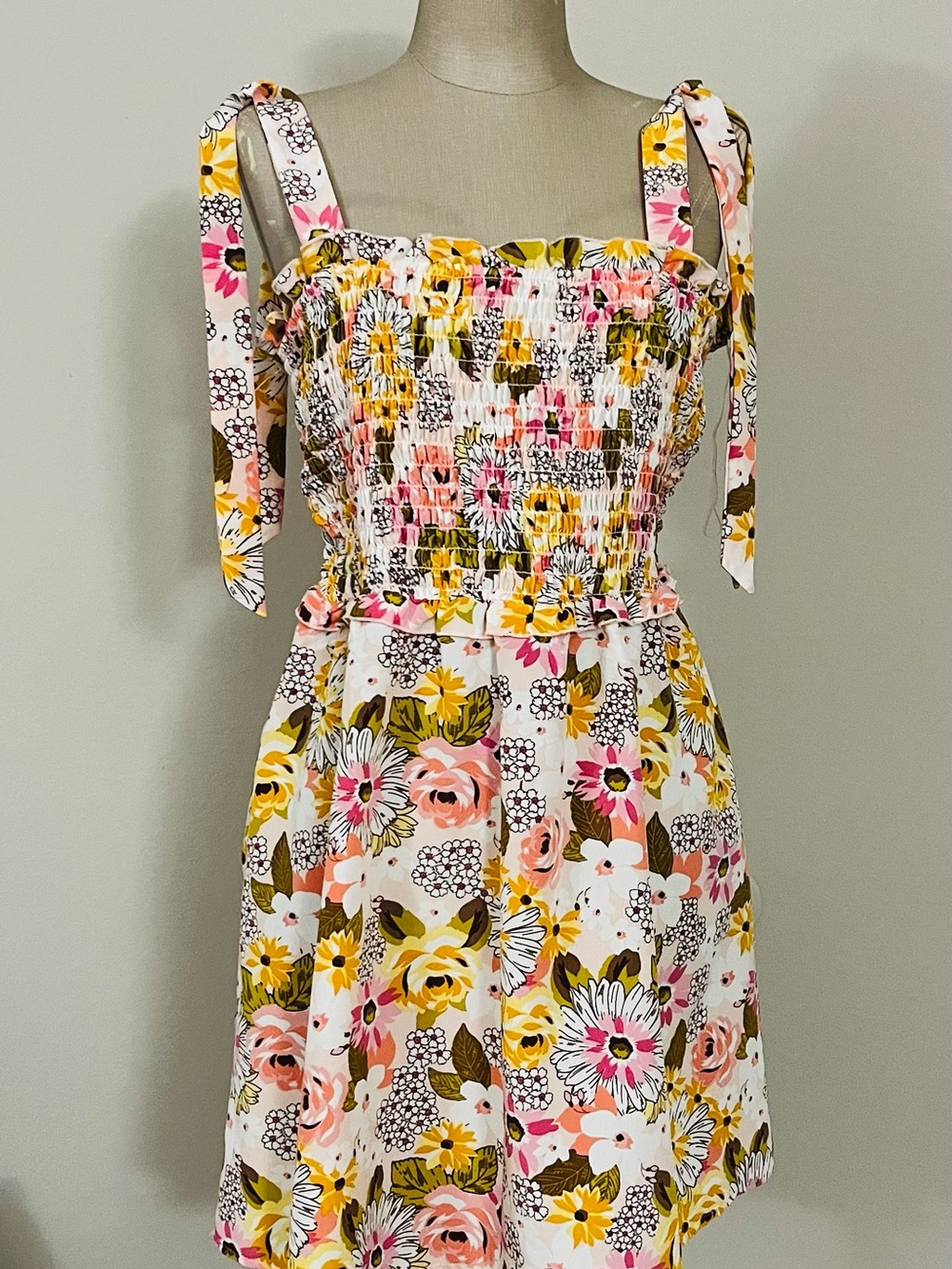 As U Wish Floral Smocked Mini Dress - Pink, Yellow & White